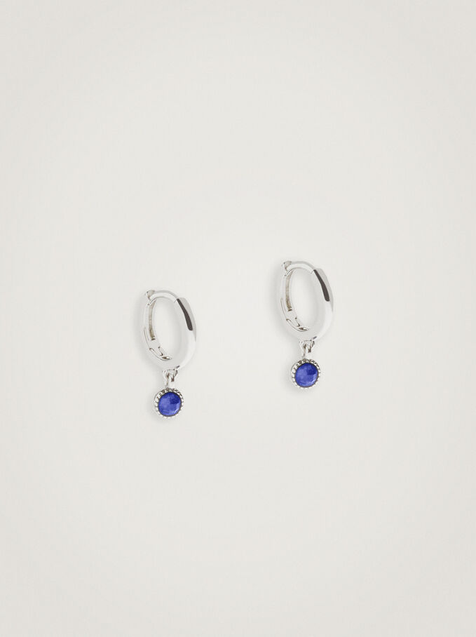 Small 925 Sterling Silver Hoops With Semiprecious Stone, Navy, hi-res