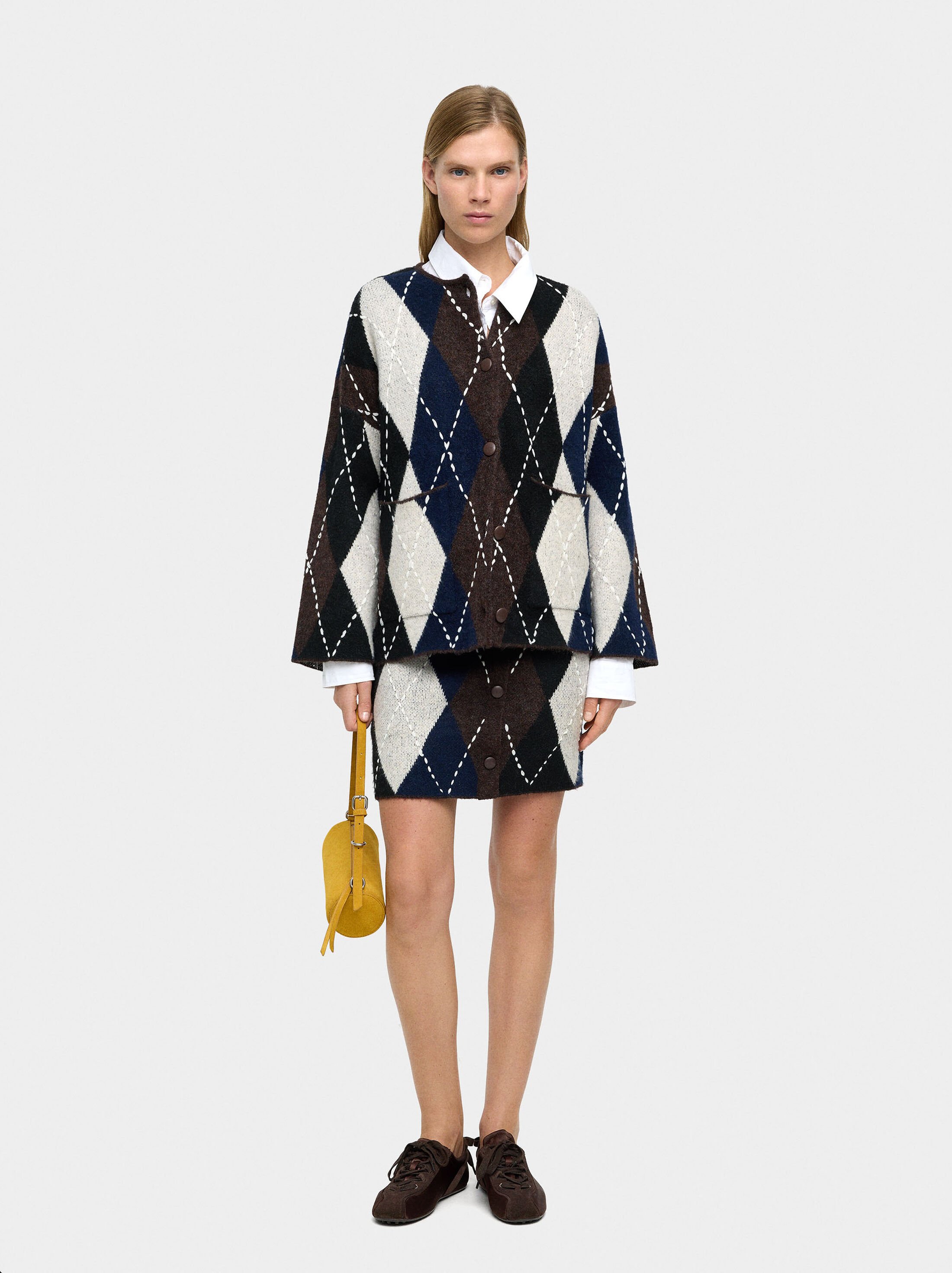 Knit cardigan with argyle and embroidery image number 0.0