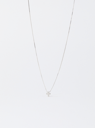 Silver-Plated Necklace With Cross And Zirconia, Silver, hi-res