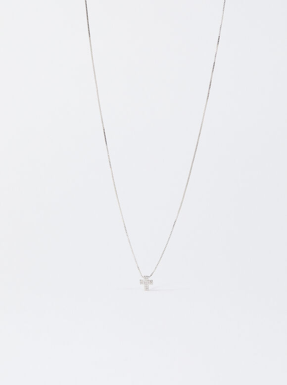 Silver Necklace With Cross And Zirconias, Silver, hi-res