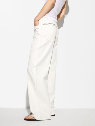 Pantalon En Coton Avec Clous, Blanc, hi-res