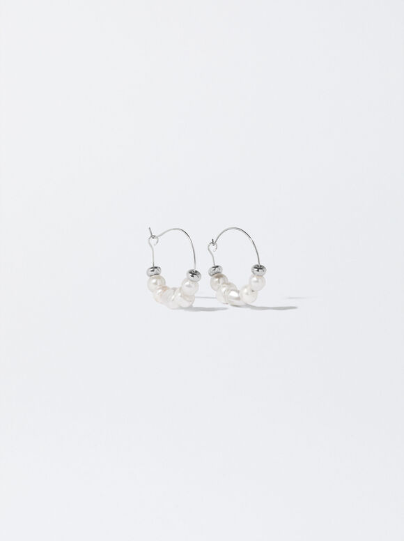 Gold-Toned Hoop Earrings With Faux Pearls, Silver, hi-res
