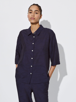 Jacquard Short-Sleeved Shirt, Navy, hi-res