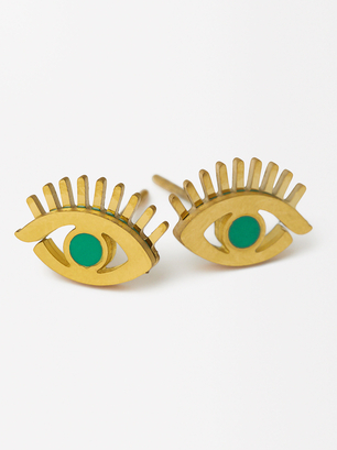 Stainless Steel Earrings With Eye Charm, Green, hi-res