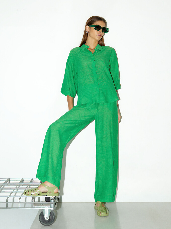 Straight Jacquard Trousers, Green, hi-res