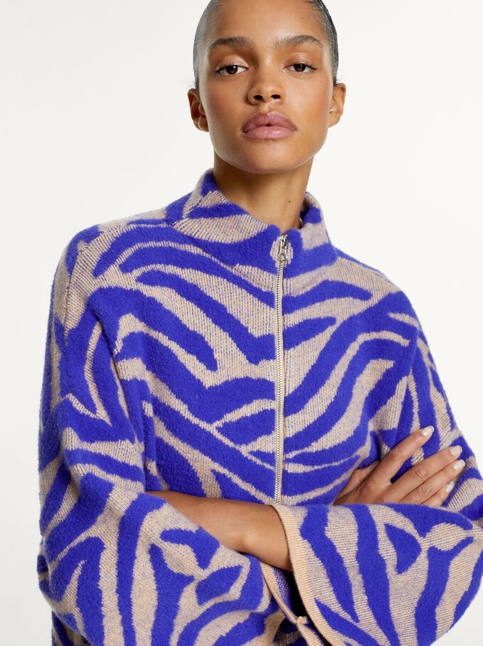 Animal Print Knitted Cardigan, Blue, hi-res