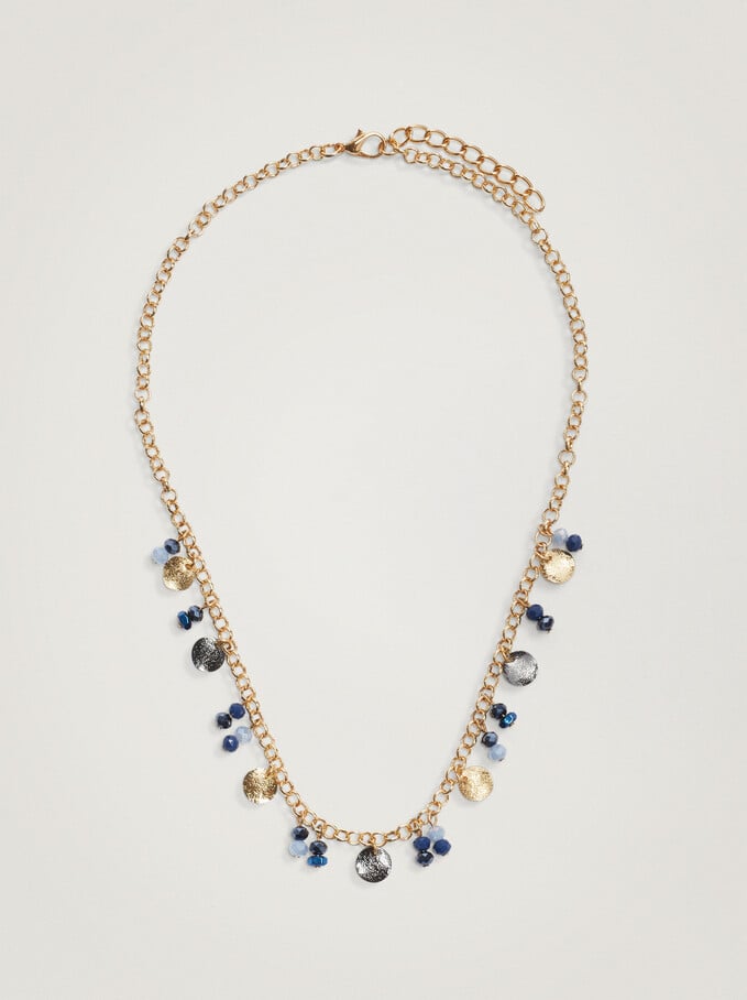 Short Necklace With Pendants And Beads, Blue, hi-res