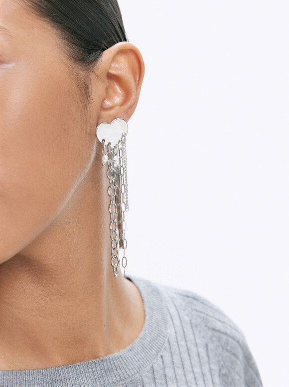 Asymmetrical Earrings With Heart, Silver, hi-res