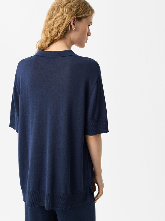 Short-Sleeved Knitted Sweater, Navy, hi-res