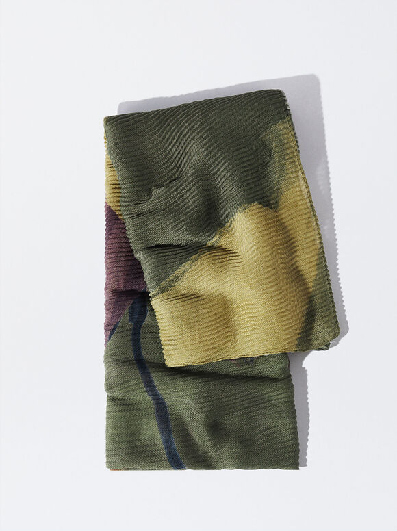 Flower Printed Pleated Scarf, Green, hi-res