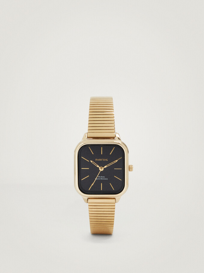 Montre En Acier Avec Cadran Carré, Doré, hi-res