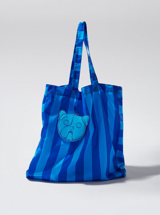 Online Exclusive - Nylon Tote Bag With Stripes, Blue, hi-res