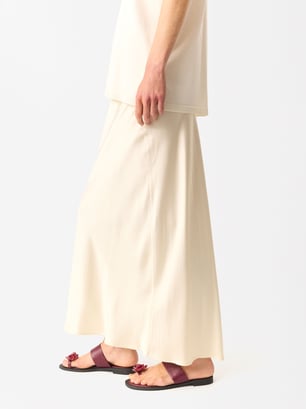 Midi Skirt With Elastic Waistband, Ecru, hi-res
