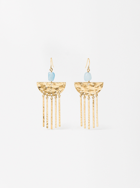 Gold Stone Earrings, Blue, hi-res