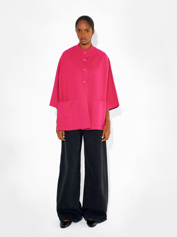 Round Neck Knitted Poncho, Fuchsia, hi-res