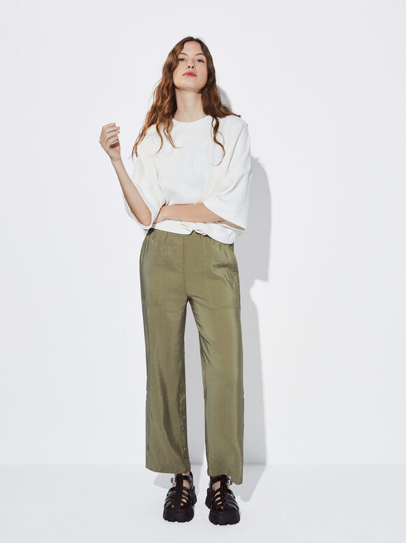 Loose-Fitting Trousers With Buttons, Khaki, hi-res