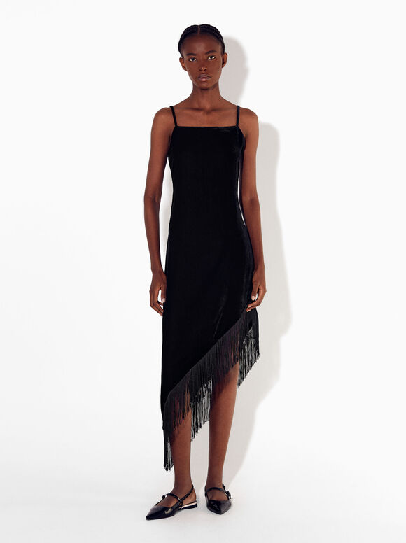 Asymmetrical Velvet Dress With Fringes, Black, hi-res