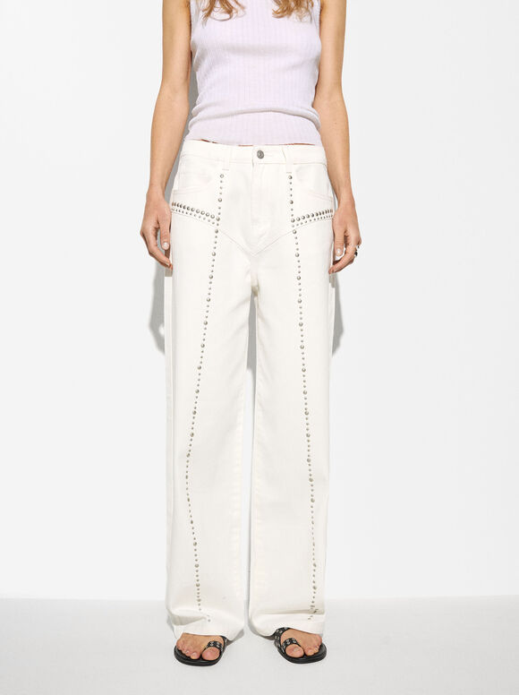 Cotton Pants With Studs, White, hi-res