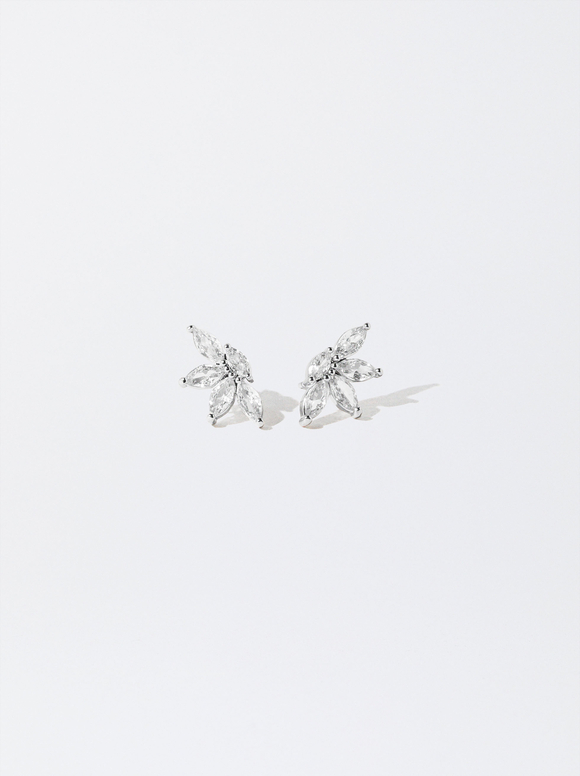 Flower Earrings With Zirconia, Silver, hi-res