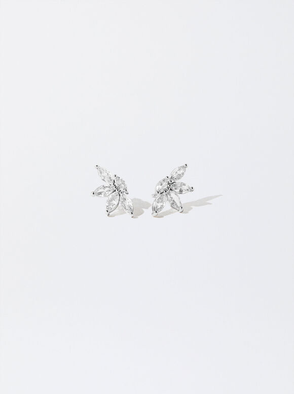 Flower Earrings With Zirconia, Silver, hi-res