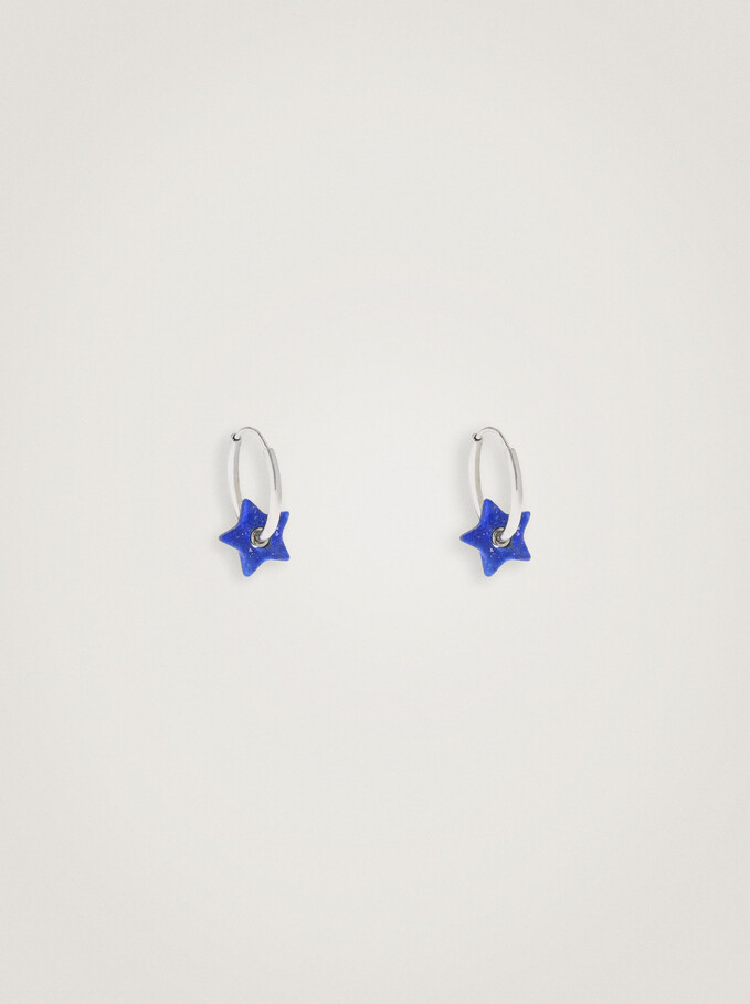 925 Silver Star Hoop Earrings, Blue, hi-res
