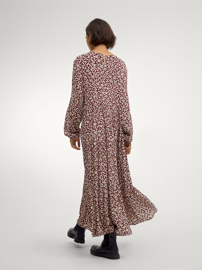 Printed Tiered Dress, Bordeaux, hi-res