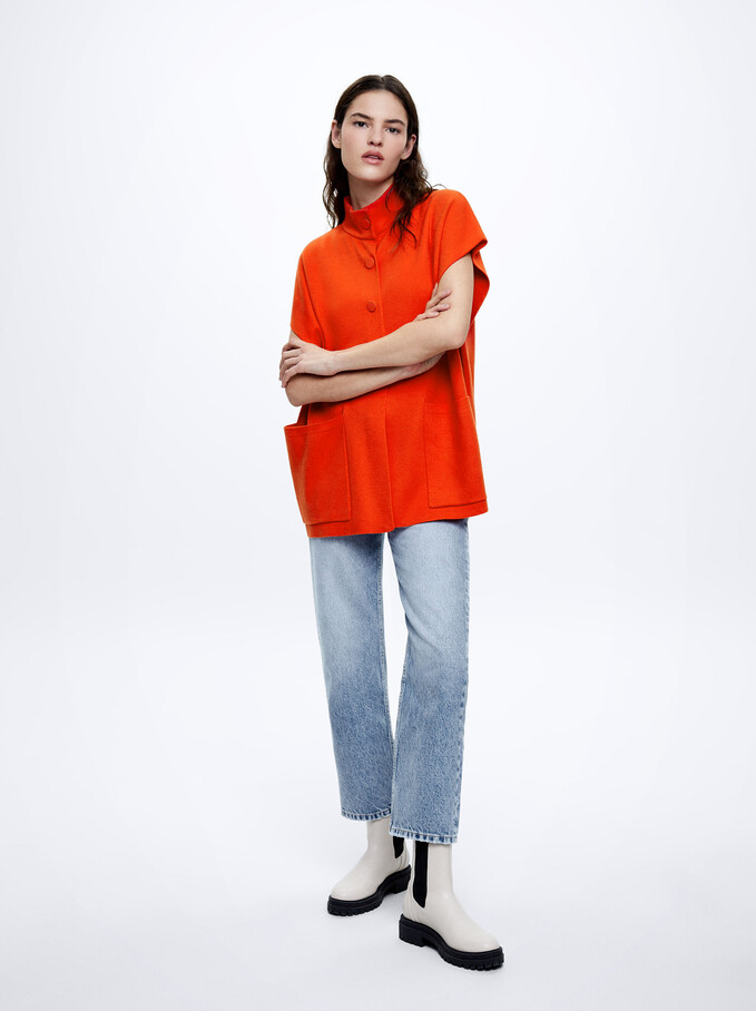 Knit Short-Sleeved Poncho, Orange, hi-res