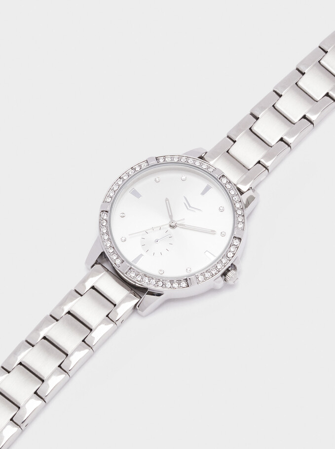 Watch With Steel Wristband And Gems On The Face, Silver, hi-res
