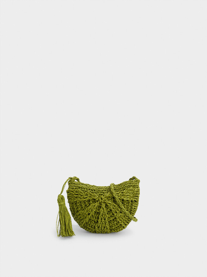 Straw Crossbody Bag With Pendant, Green, hi-res