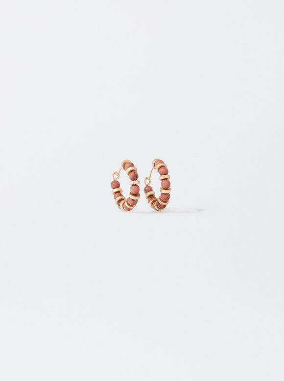 Golden Hoop Earrings With Stones, Pink, hi-res
