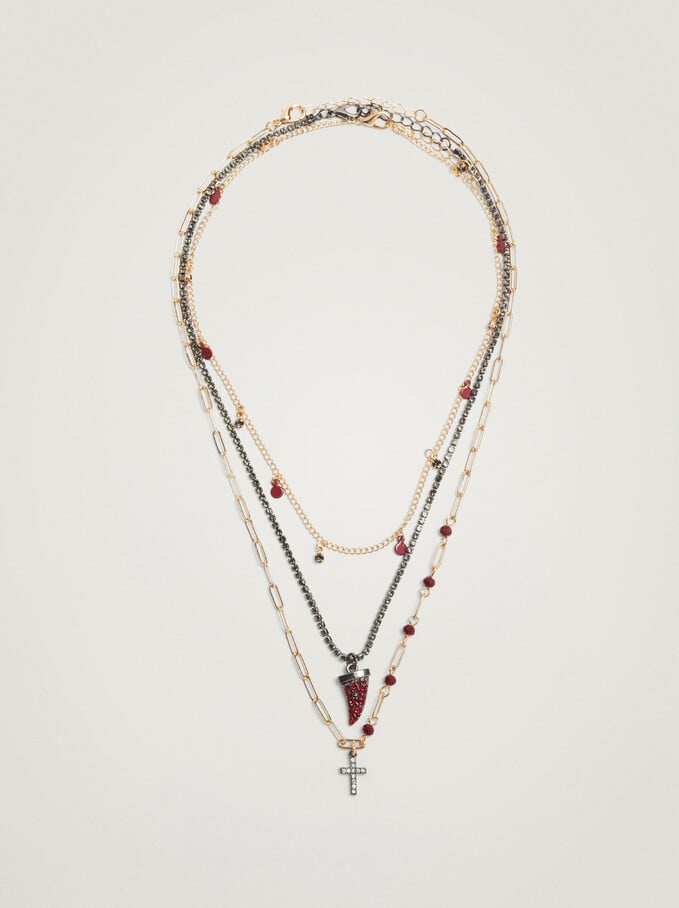Set Of Contrast Necklaces With Charms, Bordeaux, hi-res