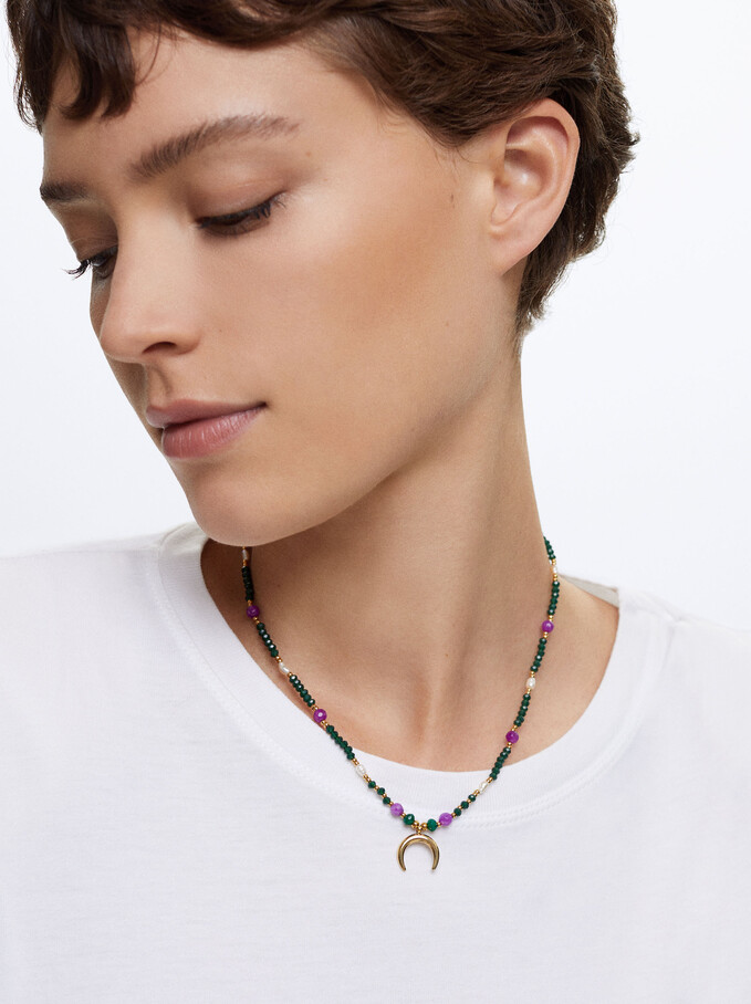 Steel Necklace With Semiprecious Stone, Multicolor, hi-res
