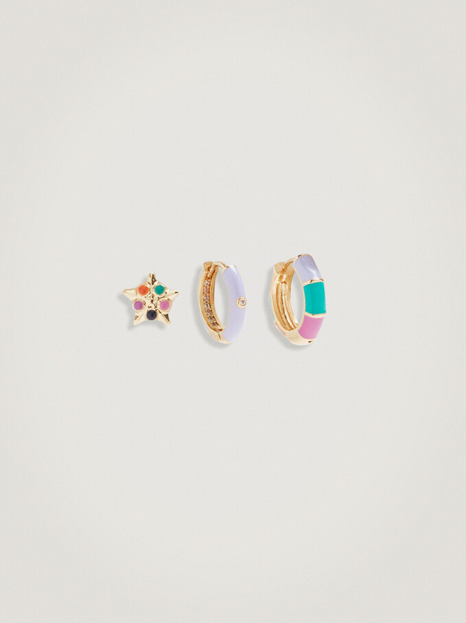 Set Of Hoop Earrings With Star, Multicolor, hi-res