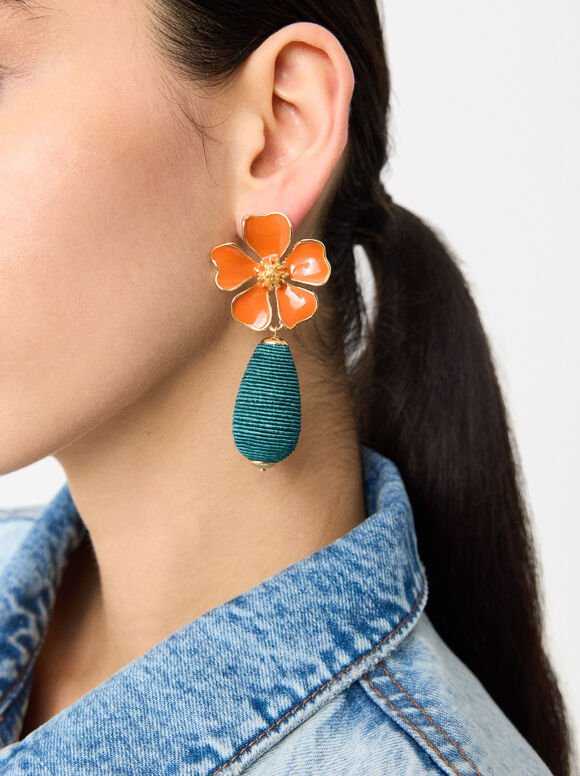 Long Flower Earrings, Multicolor, hi-res