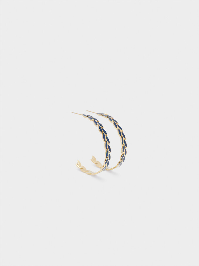 Stainless Steel Large Hoop Earrings With Leaves, Blue, hi-res