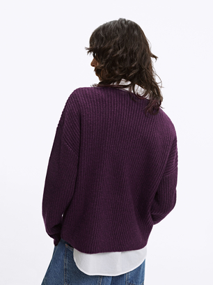 Knitted V-Neck Sweater, Fuchsia, hi-res