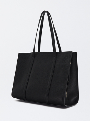 Tote Bag With Leather Pendant, Black, hi-res