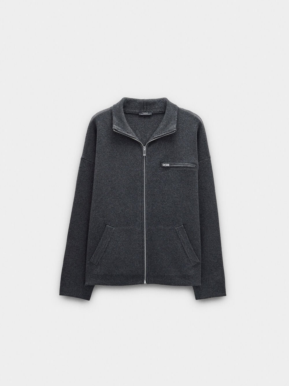 Knit cardigan with zipper closure