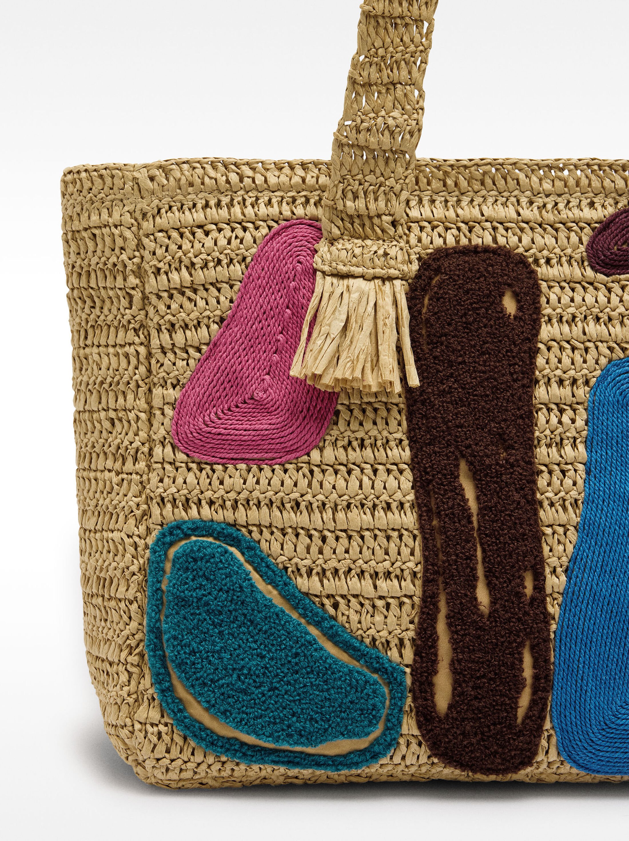 Shopper bag with straw effect and multicolor applications image number 2.0