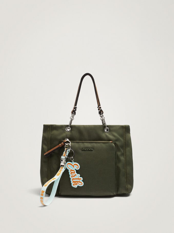 Nylon Shopper Bag With Pendant, Khaki, hi-res