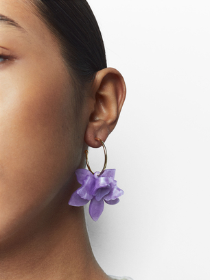 Hoop Earrings With A Flower, Purple, hi-res