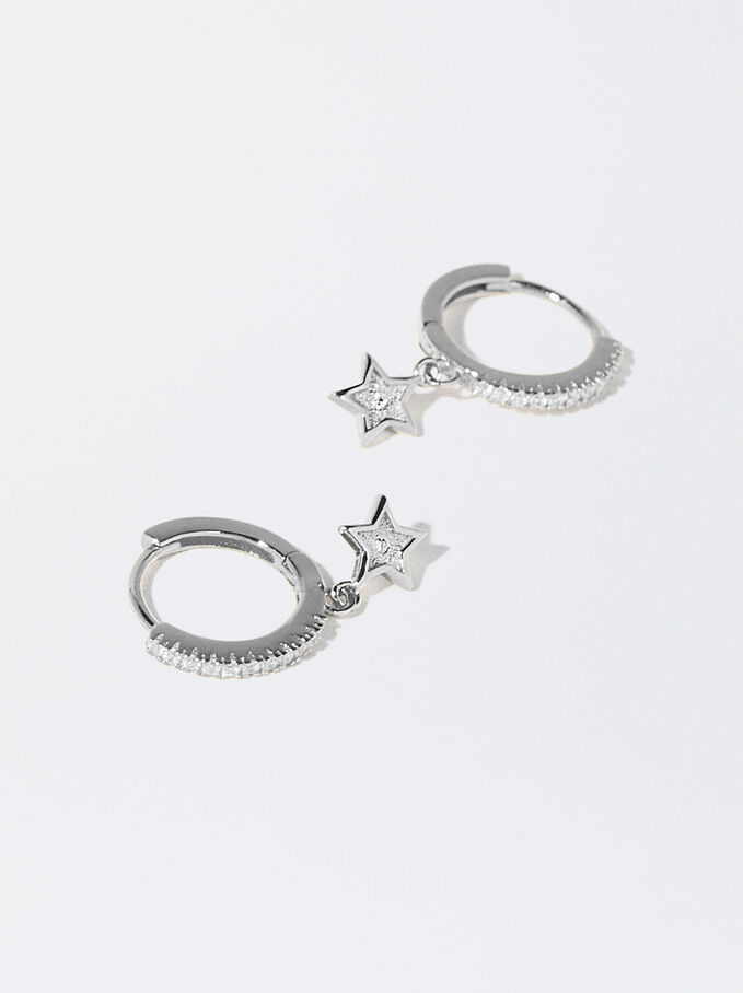 925 Silver Hoop Earrings With Star, Silver, hi-res