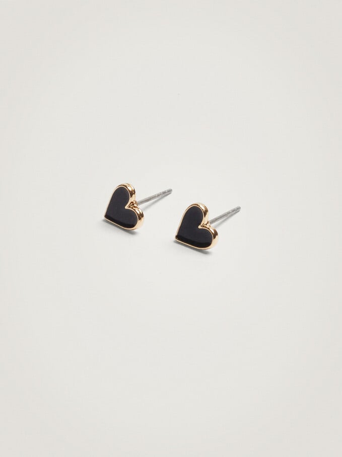 Short Earrings With Hearts , Golden, hi-res