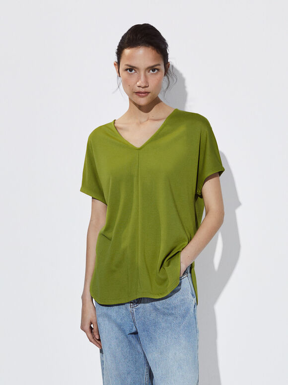 V-Neck Basic T-Shirt, Green, hi-res