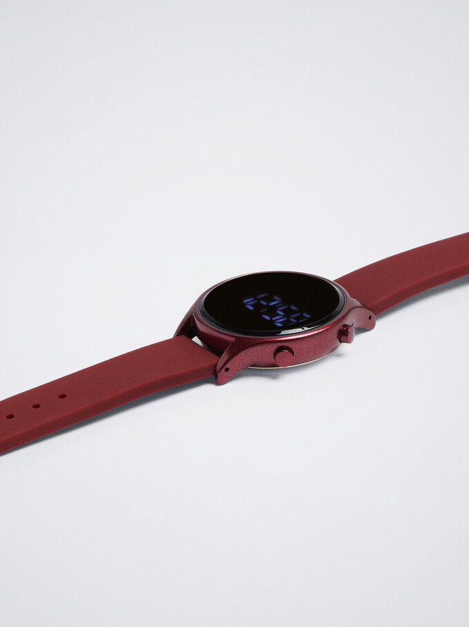 Digital Watch With Silicone Strap, Bordeaux, hi-res