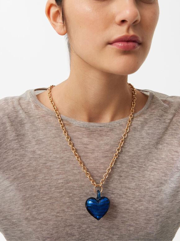 Crystal Heart Necklace, Blue, hi-res