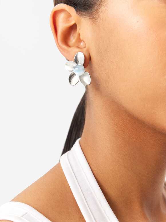 Flower Earrings With Stone, Grey, hi-res