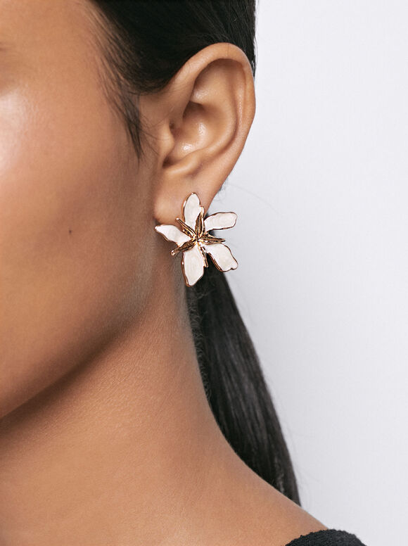 Enamel Flower Earrings, Beige, hi-res