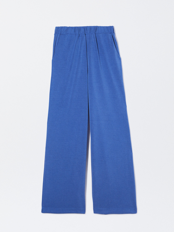 Pantalón Fluido Con Cintura Elástica, Azul, hi-res