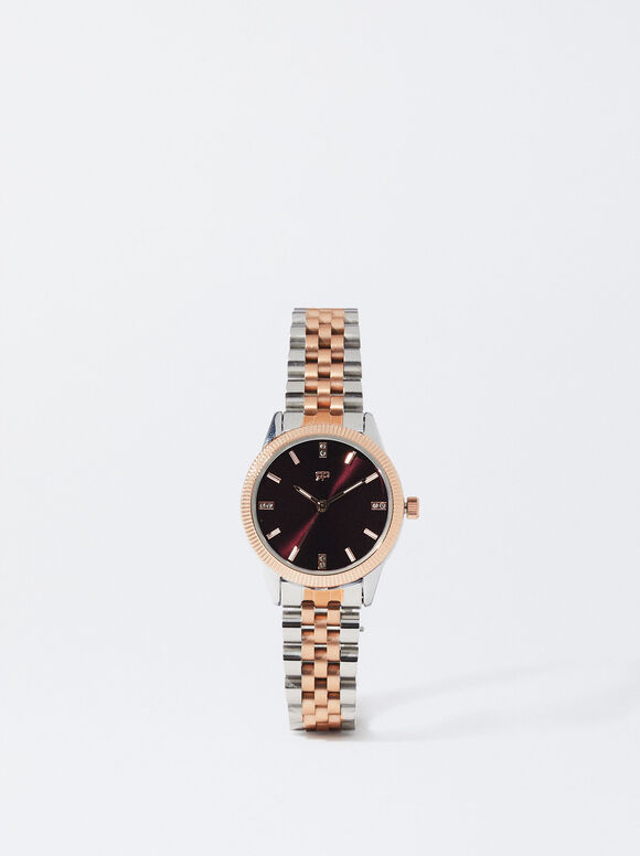 Watch With Two-Toned Steel Strap, Bordeaux, hi-res